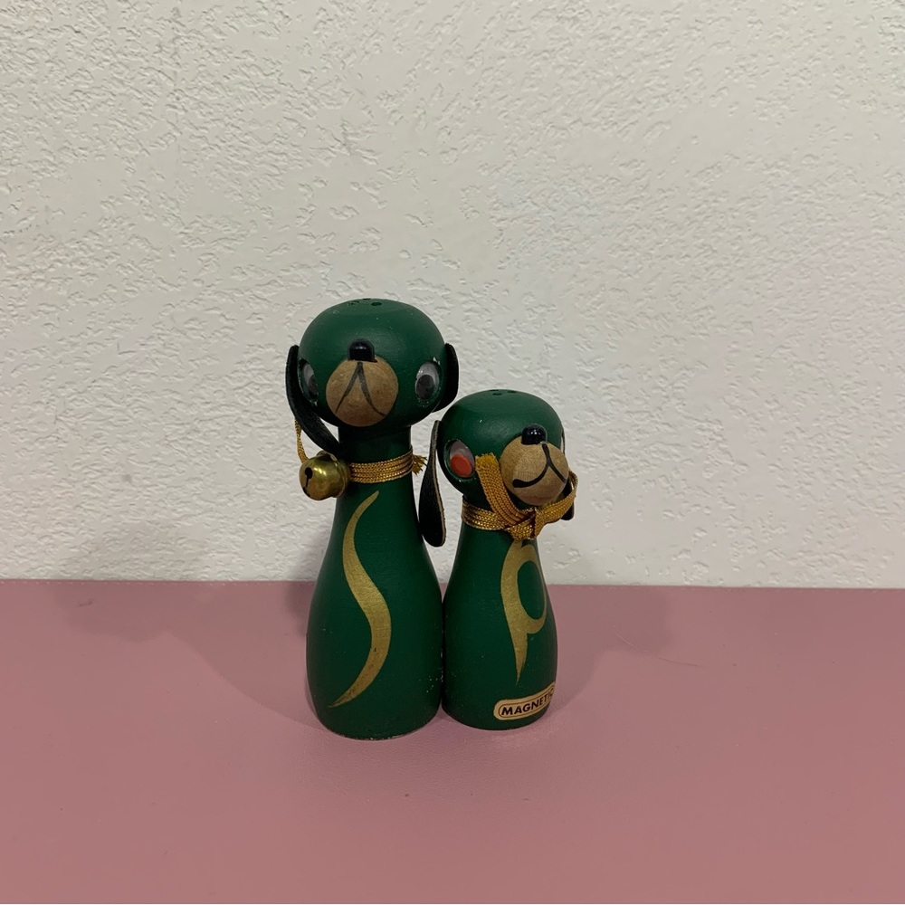 Vintage Salt & Pepper Shakers Magnets green Wooden Dogs Made In Japan Bells MCM